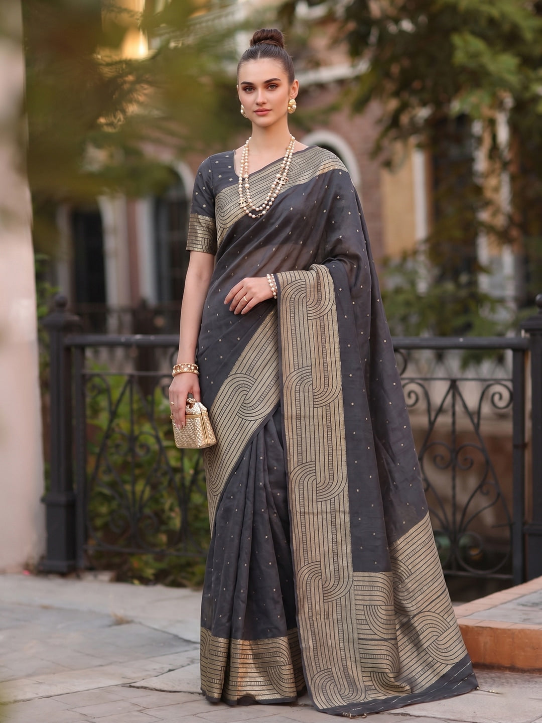Peachmode Black Cotton Blend Woven Saree - Image 1
