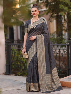 Peachmode Black Cotton Blend Woven Saree - Image 1