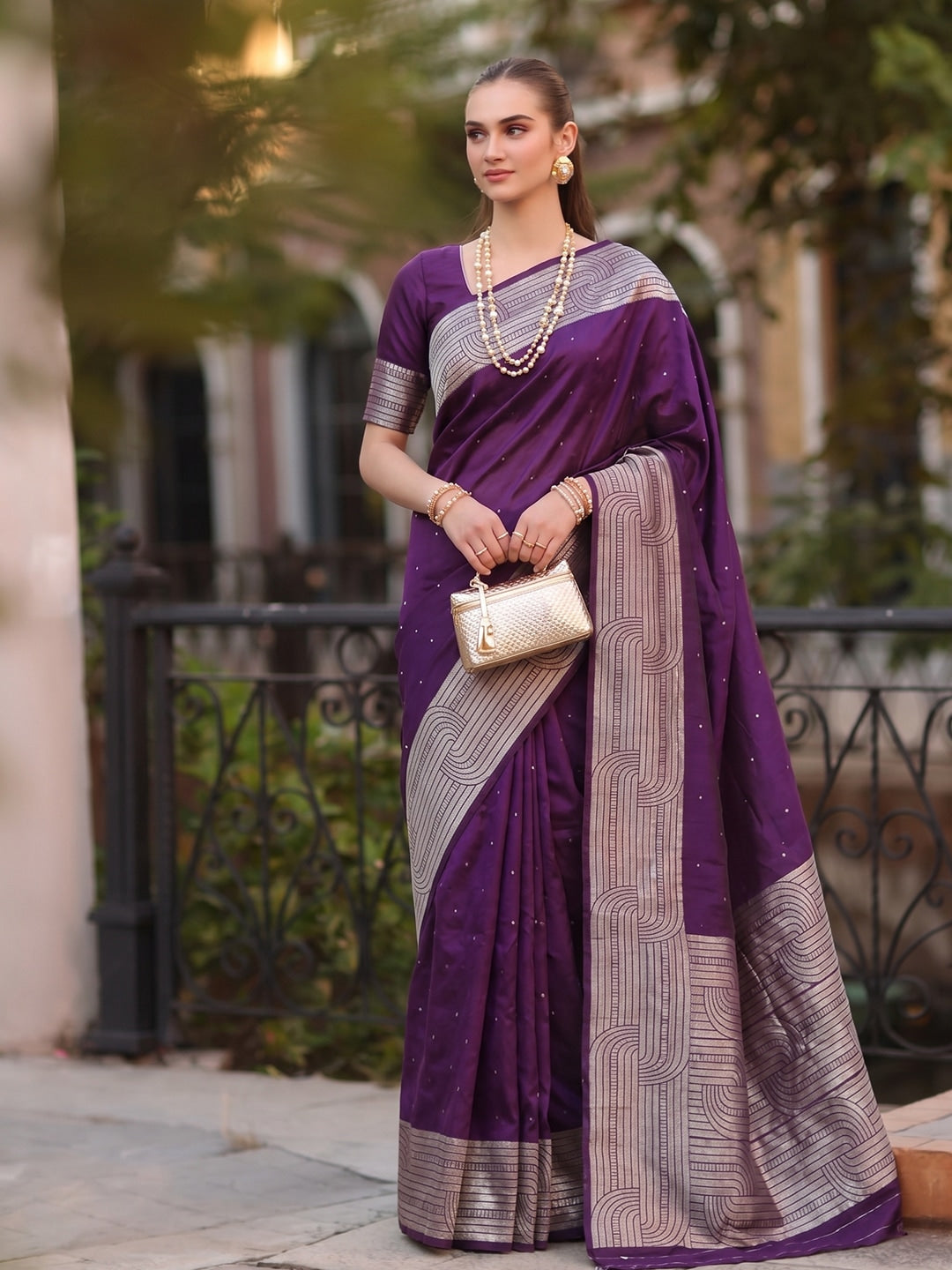 Peachmode Vibrate Purple Cotton Blend Woven Saree - Image 1