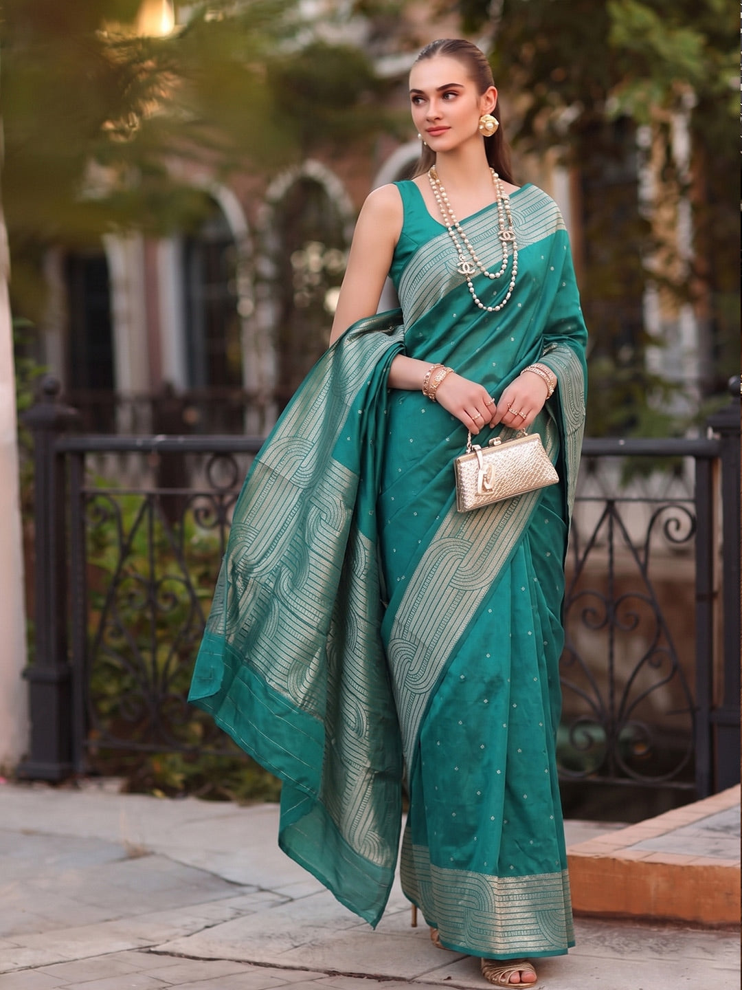 Peachmode Rama Blue Cotton Blend Woven Saree - Image 1