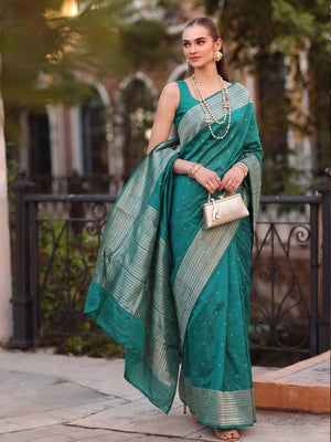Peachmode Rama Blue Cotton Blend Woven Saree - Image 1