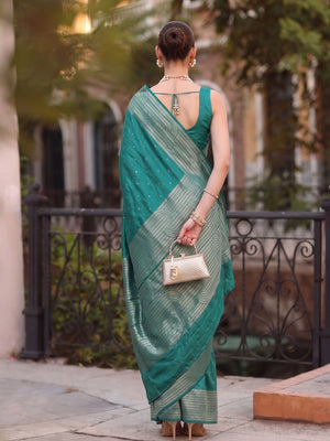 Peachmode Rama Blue Cotton Blend Woven Saree - Image 2