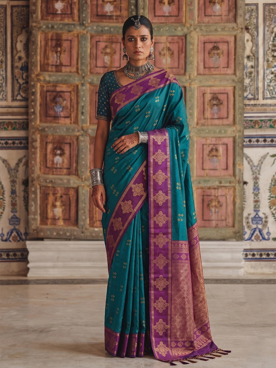 Peachmode Teal Green Soft Silk Woven Saree - Image 1