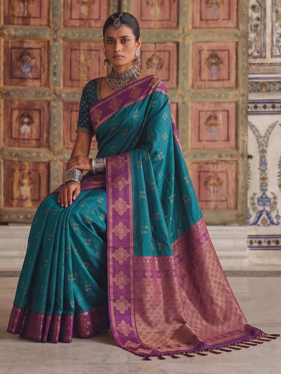 Peachmode Teal Green Soft Silk Woven Saree - Image 2