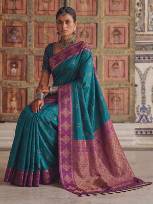 Peachmode Teal Green Soft Silk Woven Saree - Image 2