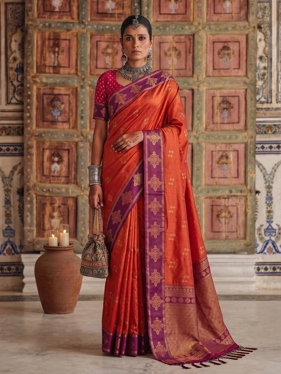 Peachmode Orange Soft Silk Woven Saree - Image 1