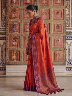 Peachmode Orange Soft Silk Woven Saree - Image 2