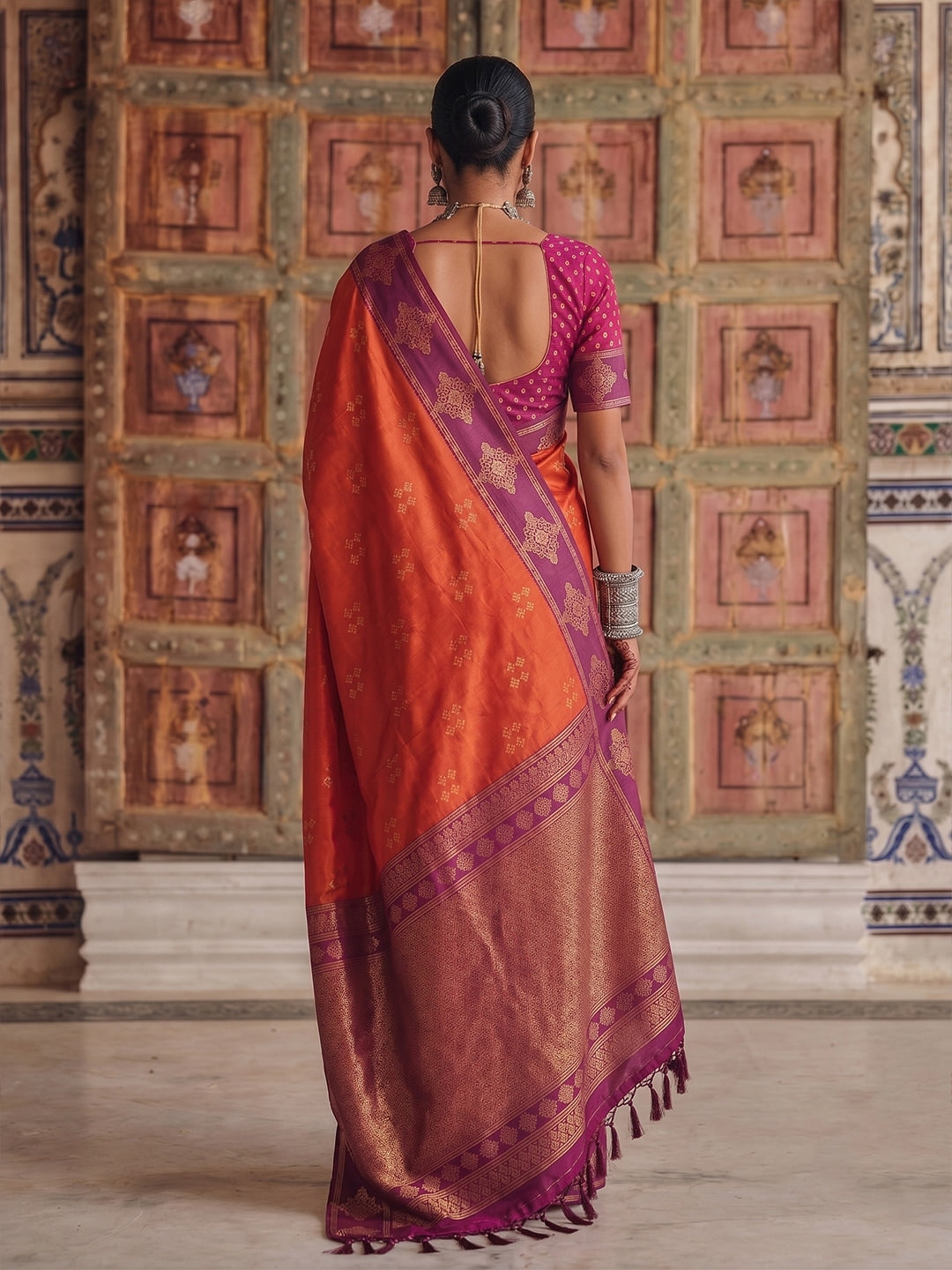 Peachmode Orange Soft Silk Woven Saree - Image 3