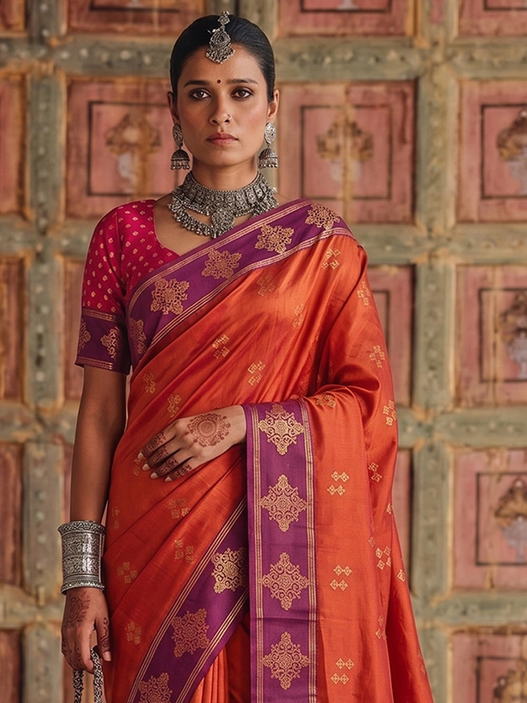 Peachmode Orange Soft Silk Woven Saree - Image 4