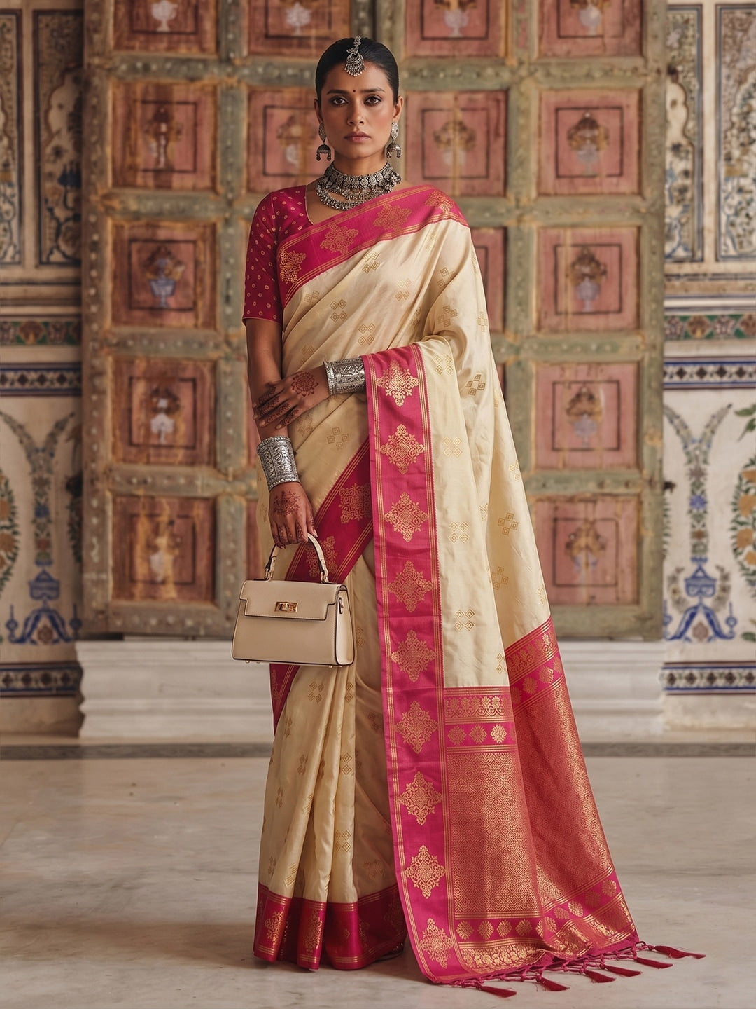 Peachmode Cream Soft Silk Woven Saree - Image 1