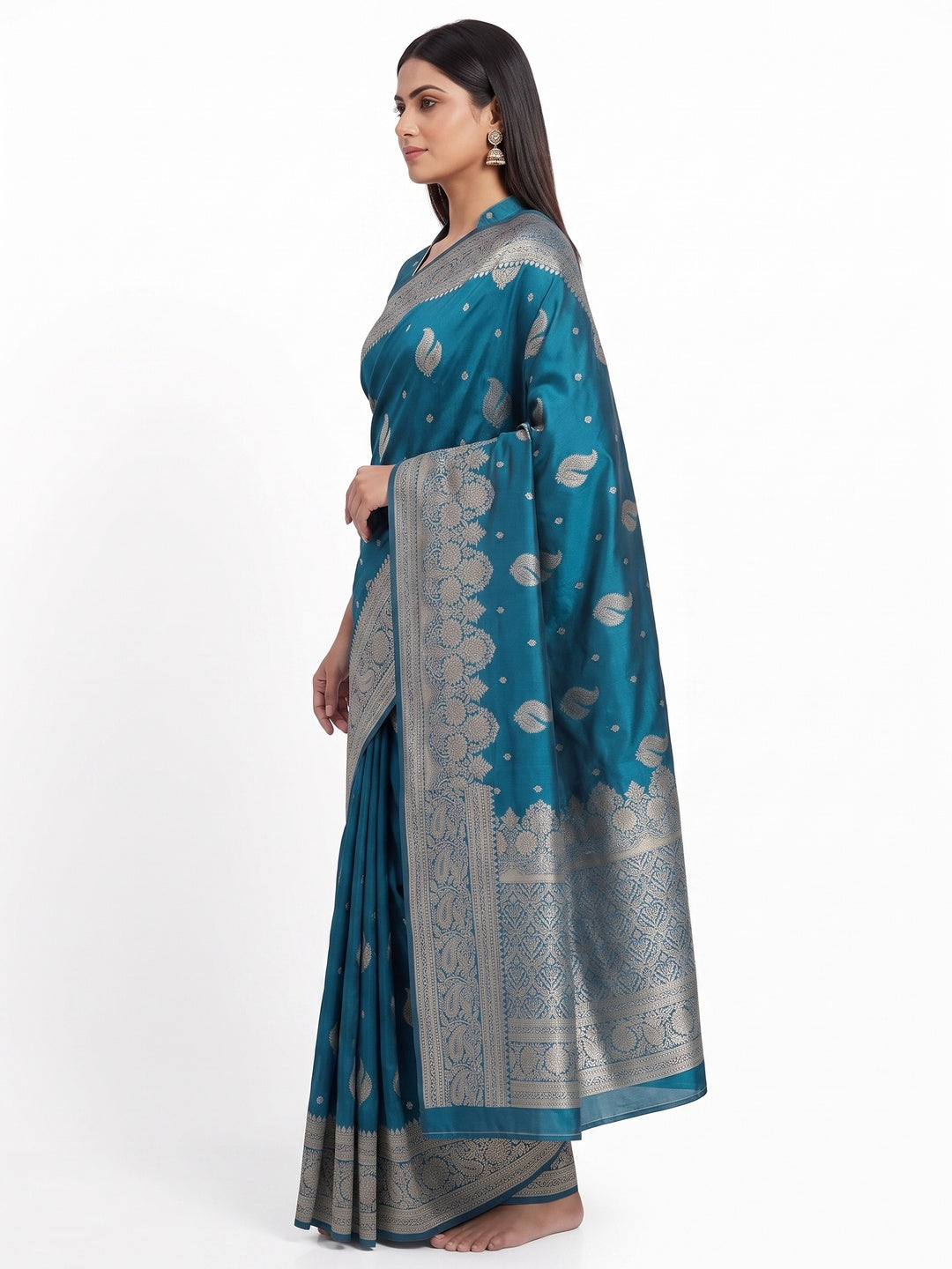 Teal Pure Banarasi Silk Saree Adorned with Exquisite Floral Zari Weaving - Image 3