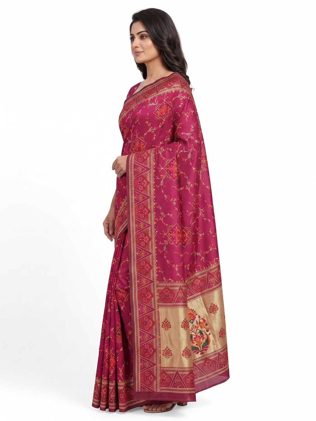 Pink Traditional Rajwadi Weaving Pashmina Silk Saree With Kashmiri Pallu & Elegant Zari Border - Image 3