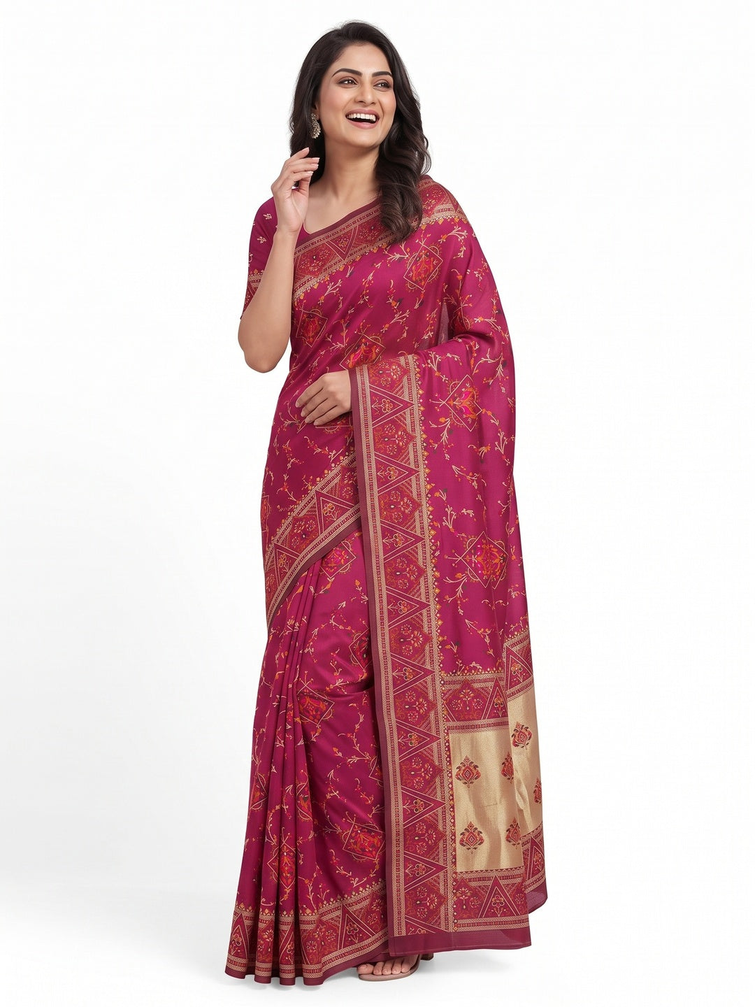 Pink Traditional Rajwadi Weaving Pashmina Silk Saree With Kashmiri Pallu & Elegant Zari Border - Image 4