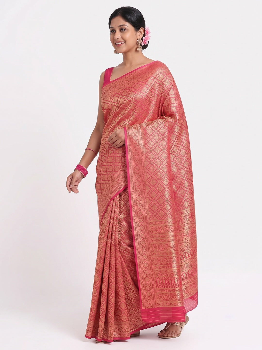 Pink Banarasi Silk Saree With Intricate Zari Floral Weaving - Image 4