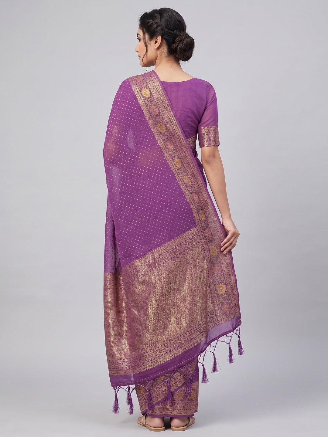 Purple Saree in Pure Georgette Featuring Delicate Zari Butti Work - Image 2