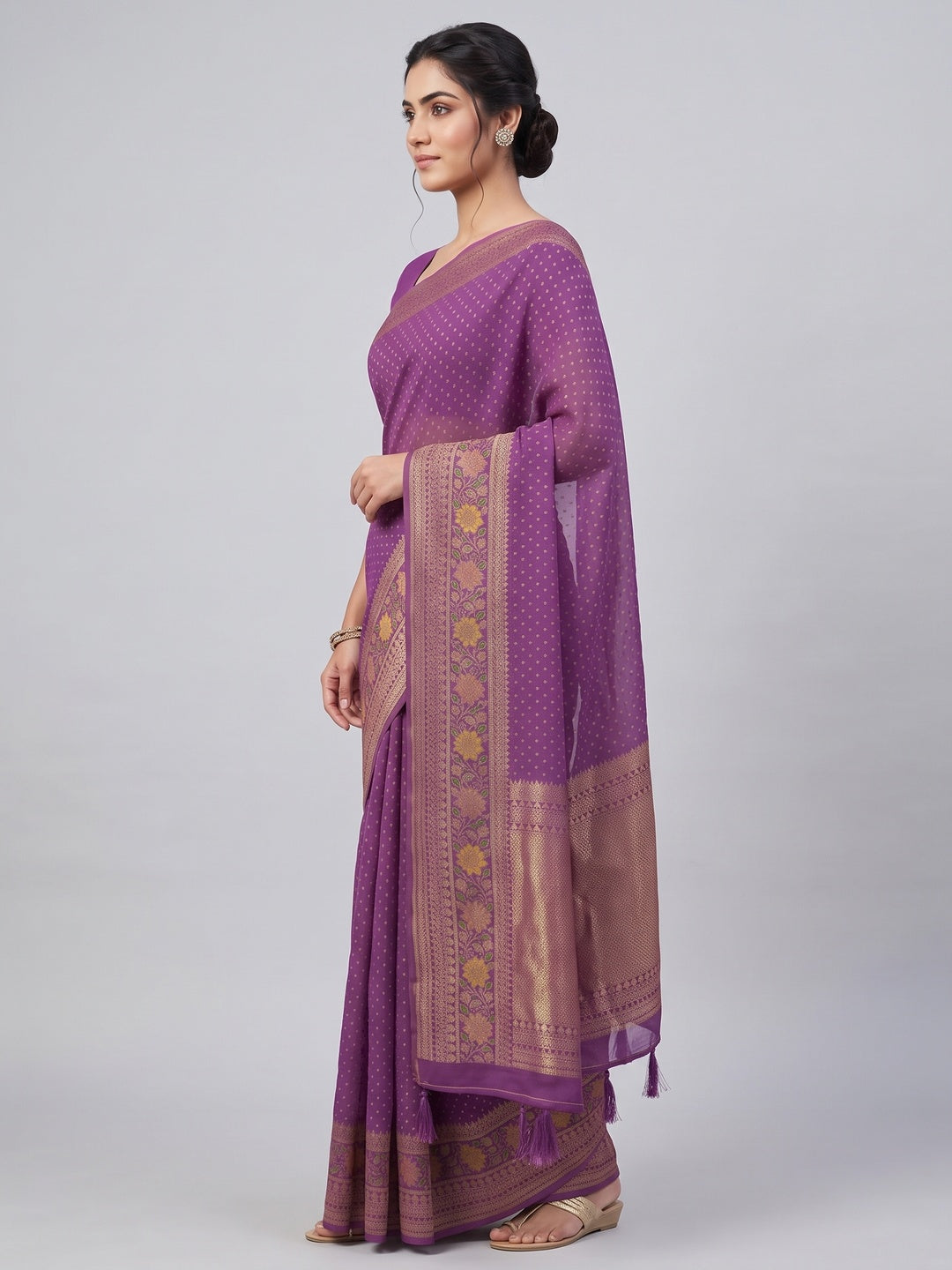 Purple Saree in Pure Georgette Featuring Delicate Zari Butti Work - Image 3