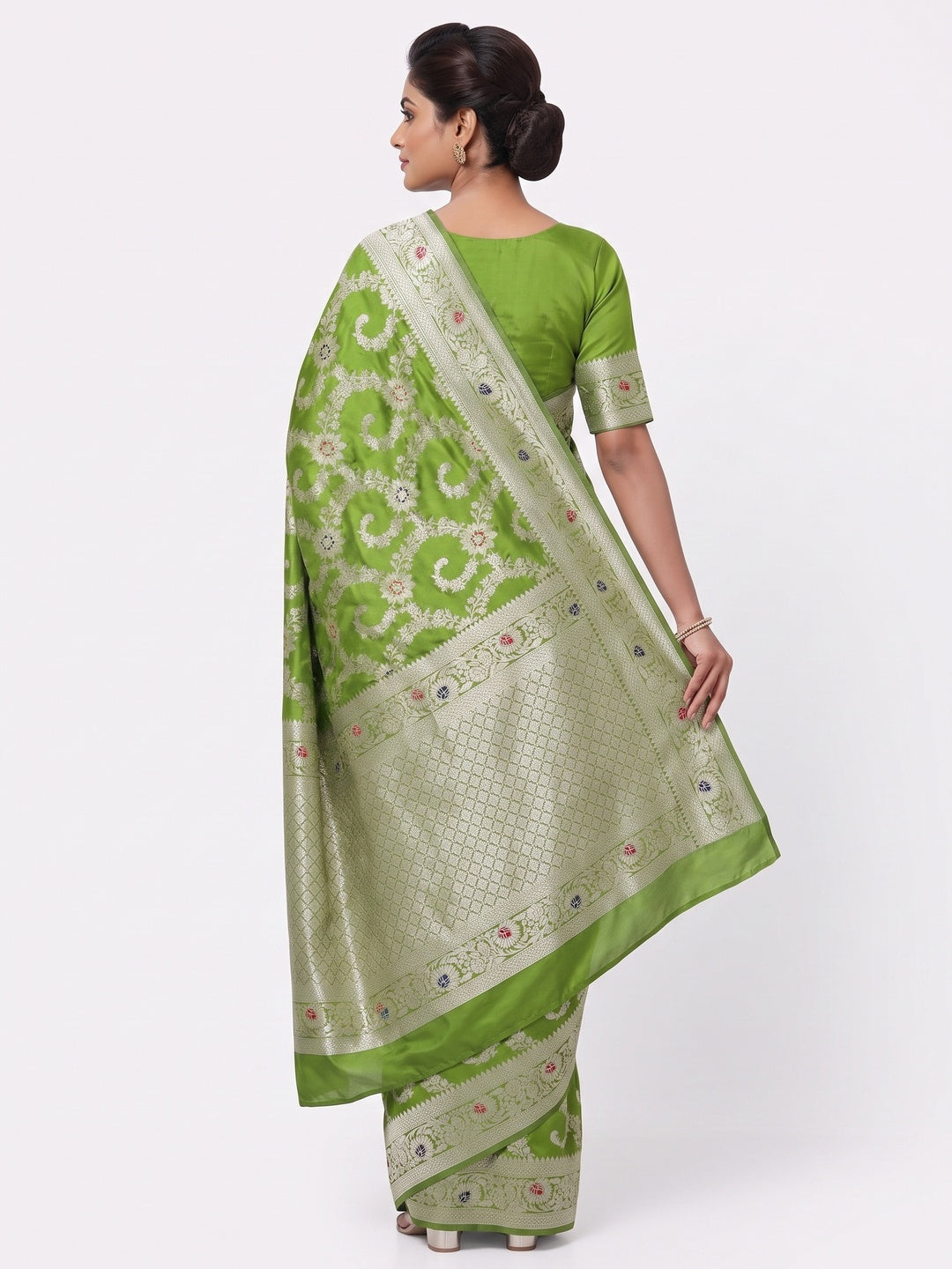 Parrot Green Pure Silk Drape Featuring Traditional Heavy Zari Weaving for a Royal Look - Image 2