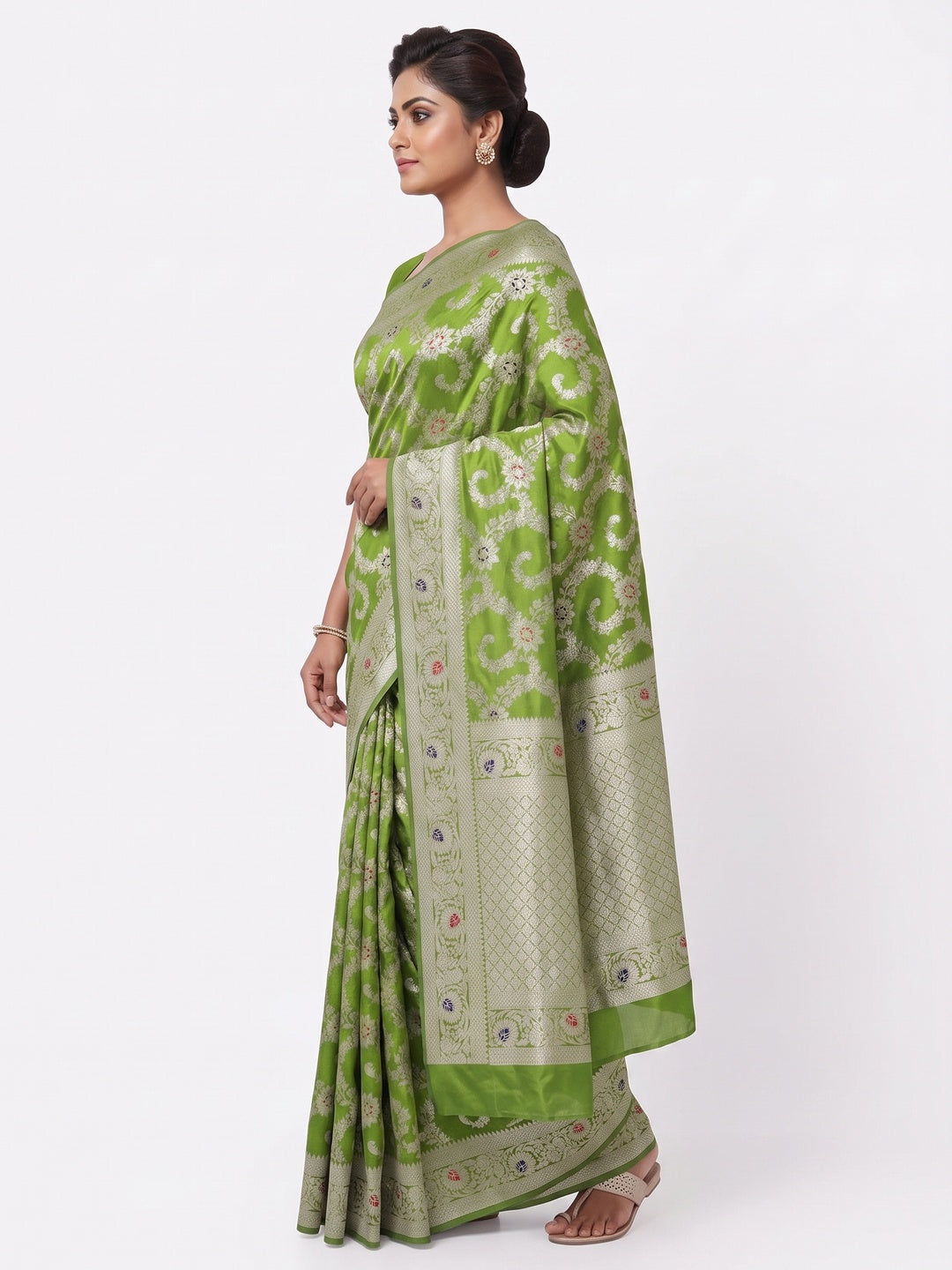Parrot Green Pure Silk Drape Featuring Traditional Heavy Zari Weaving for a Royal Look - Image 3