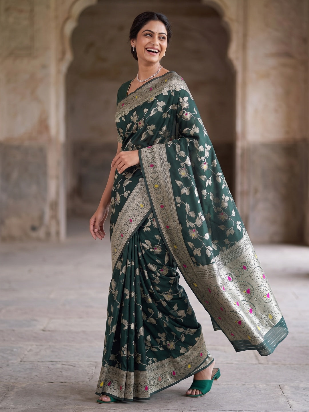 Green Heritage Pure Silk Saree with Heavy Zari Work - Image 4