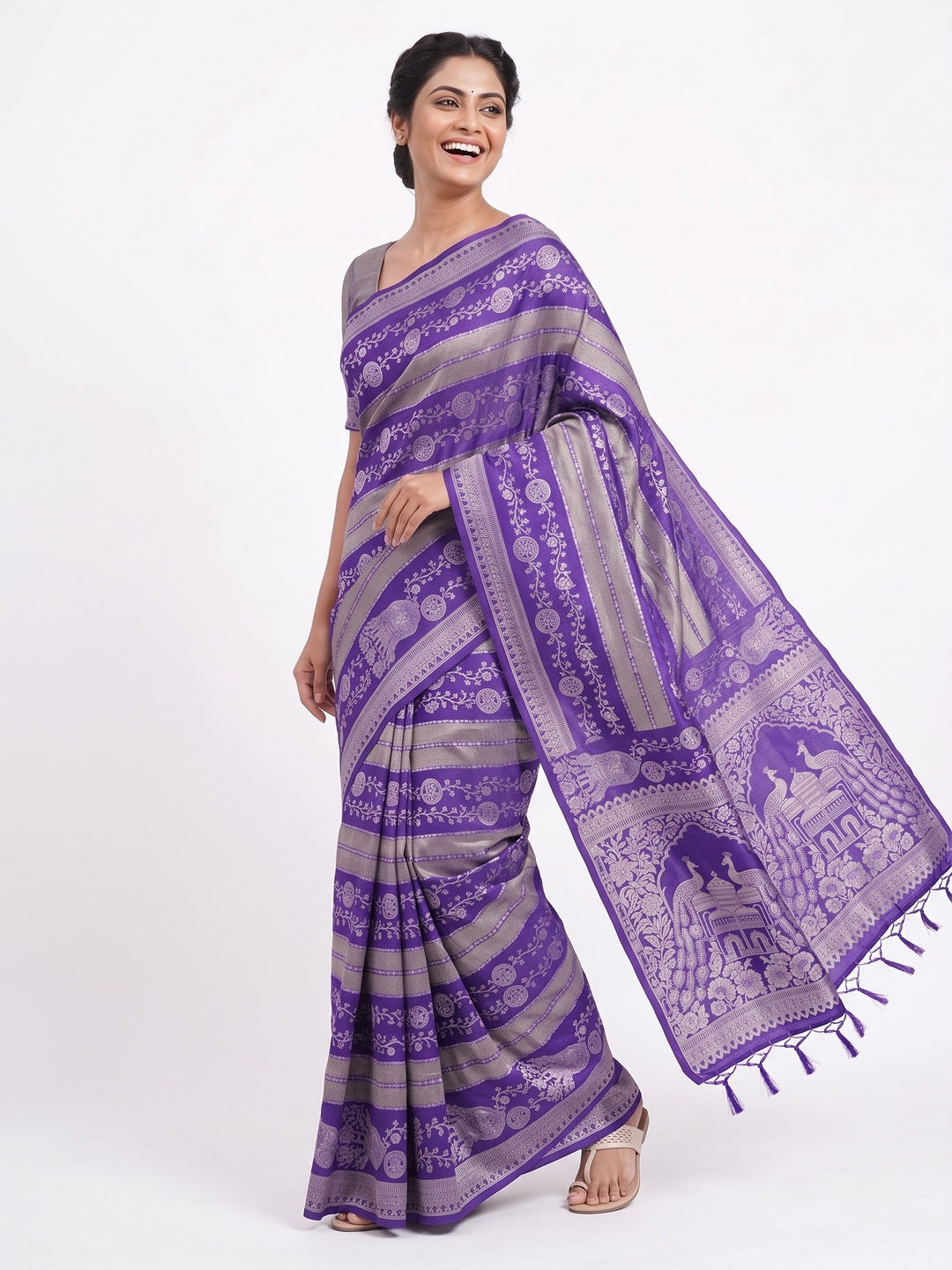 Violet Festive Wear Chinya Tissue Silk Saree Enhanced with Intricate Zari Weaving Detailing - Image 4