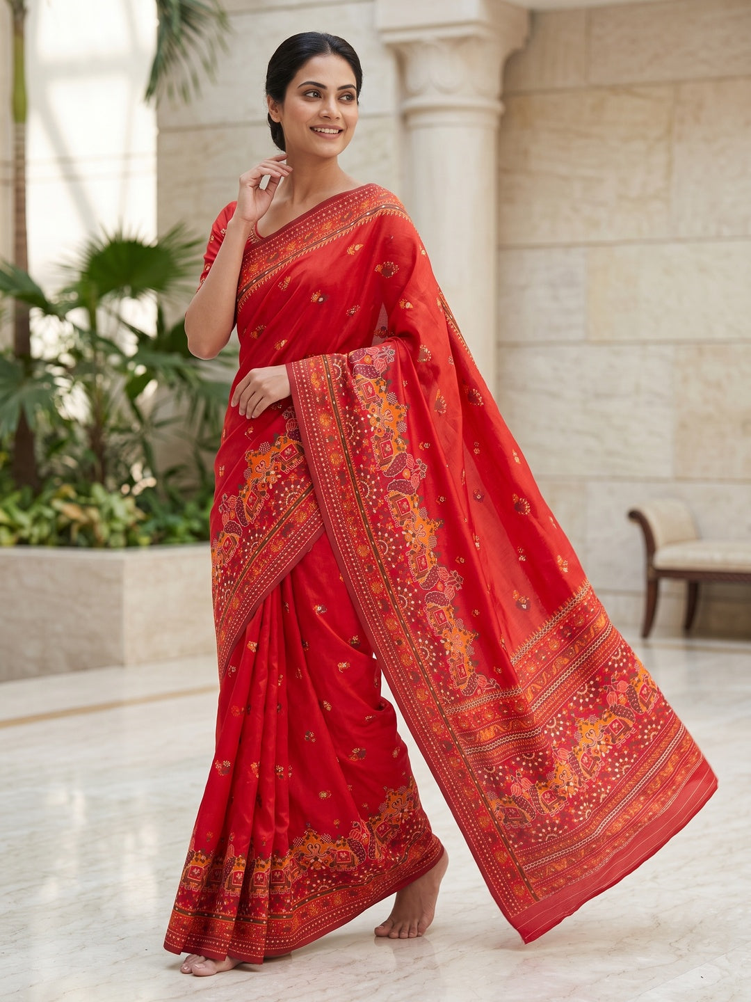 Red Pashmina Silk Weaving Saree Designed in Classic Rajwadi Style for Festive Wear - Image 4