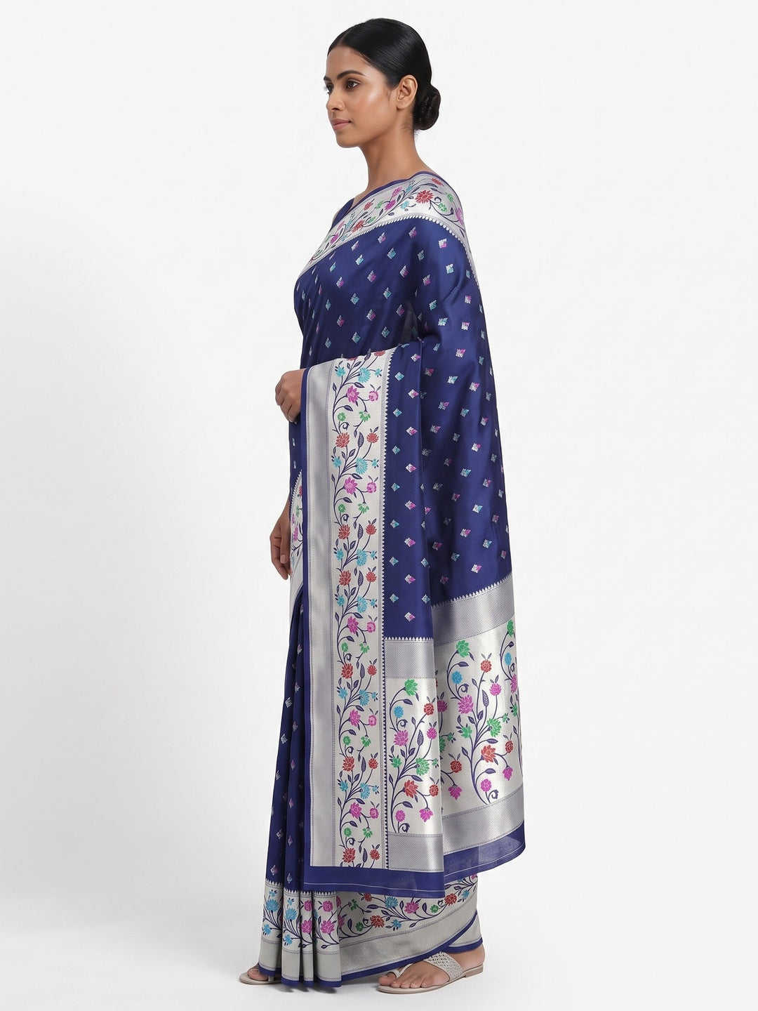 Festive Banarasi Silk Paithani Saree in Blue Enhanced with Zari Weaving - Image 3