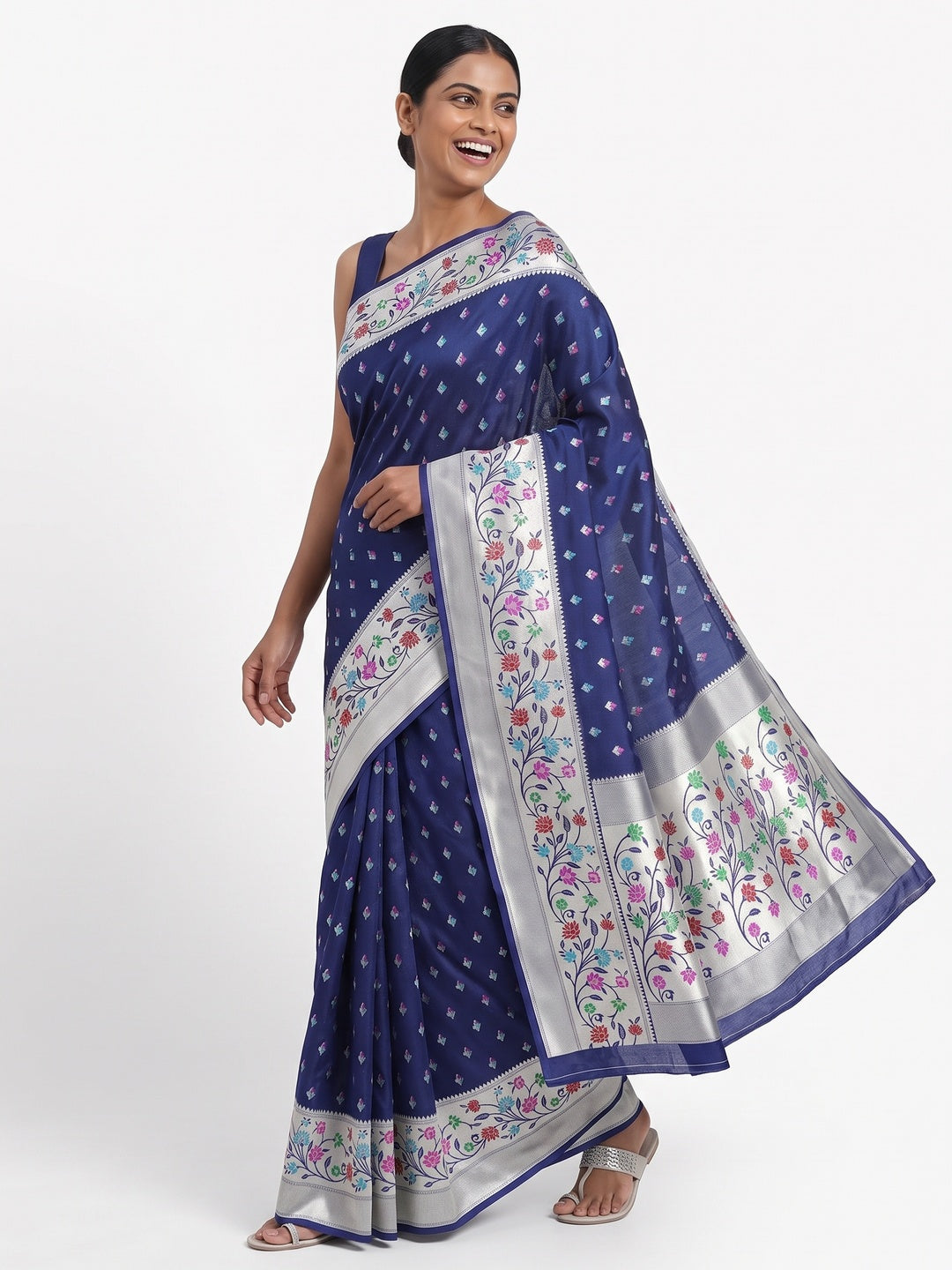 Festive Banarasi Silk Paithani Saree in Blue Enhanced with Zari Weaving - Image 4