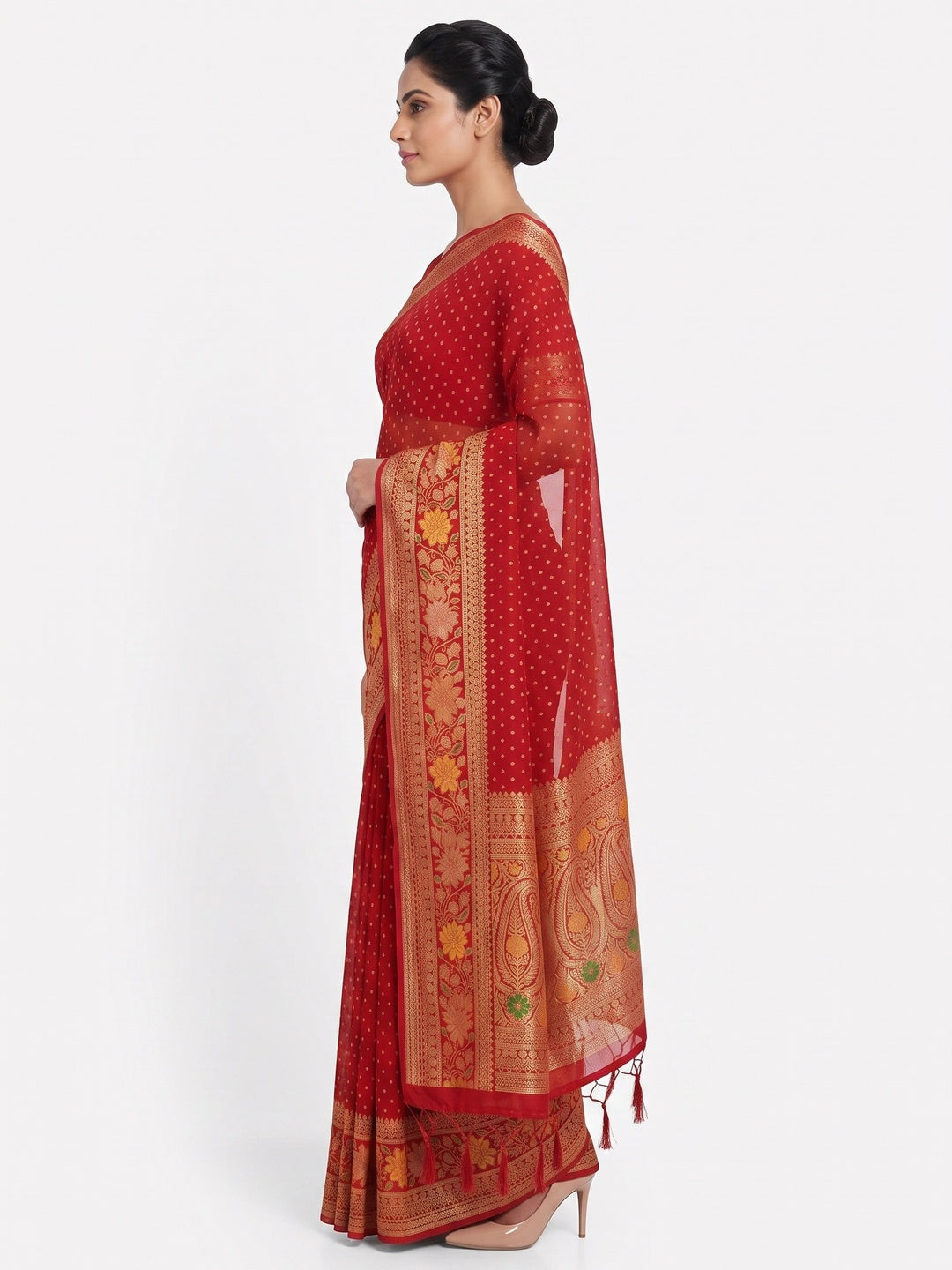 Red Saree in Pure Georgette Featuring Delicate Zari Butti Work - Image 3