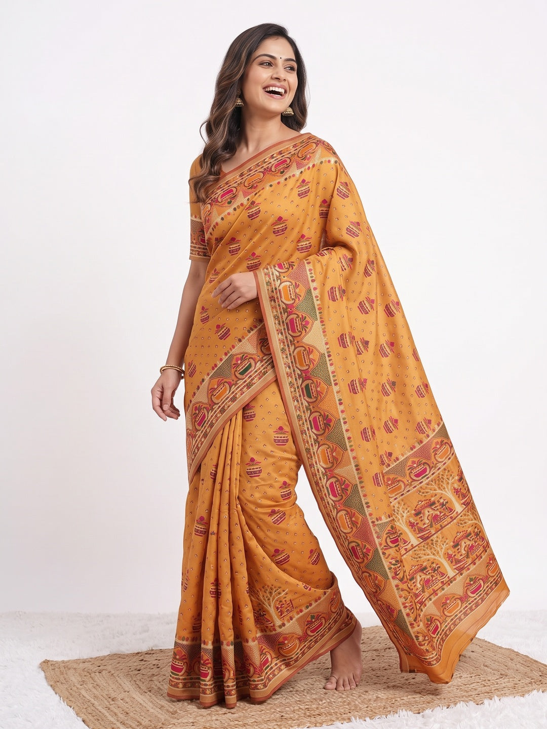 Mustard Madhubani Inspired Weaving Pashmina Silk Saree Perfect for Refined Festive - Image 4