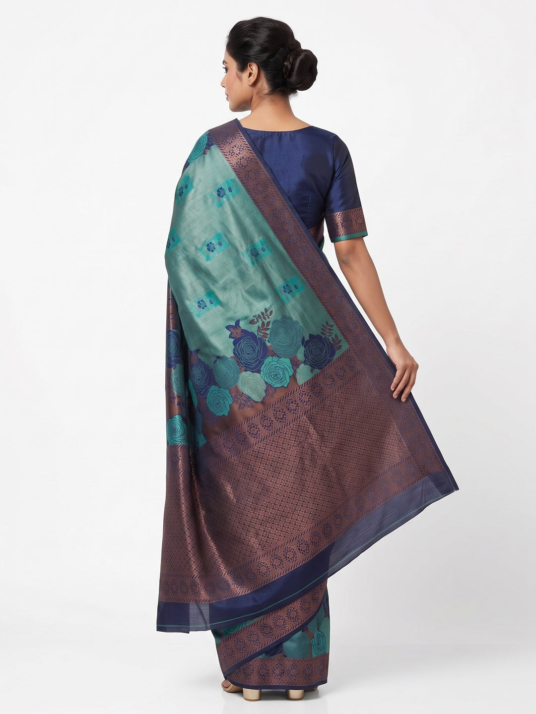 Teal Handloom Banarasi Silk Saree Enhanced with Artistic Floral Zari Weaving for Timeless Appeal - Image 2