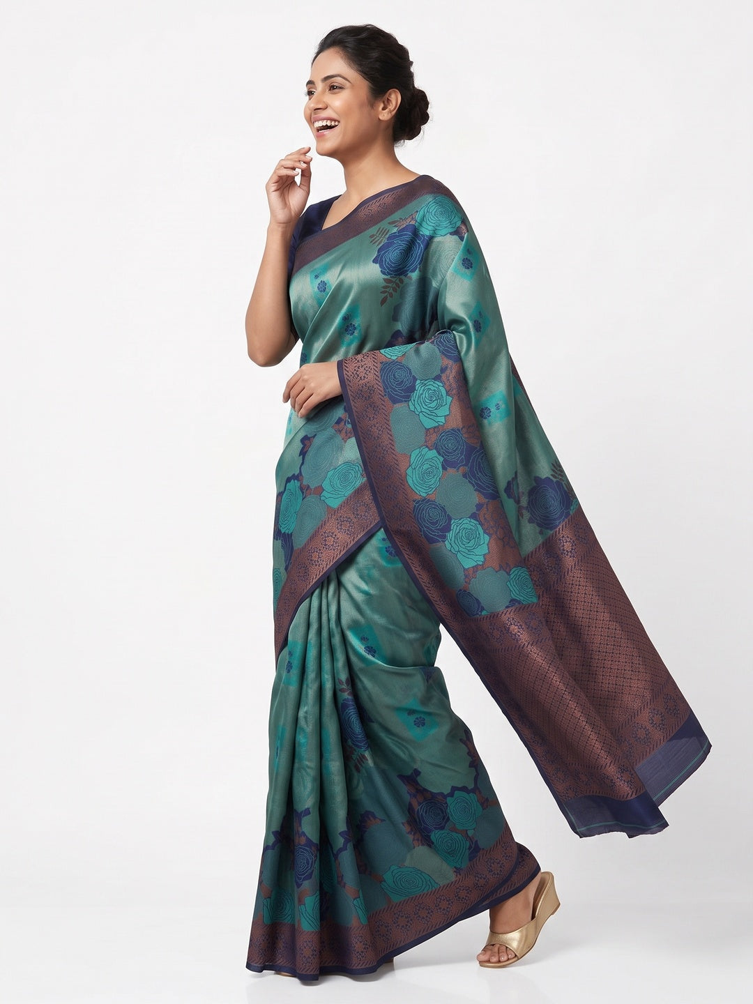 Teal Handloom Banarasi Silk Saree Enhanced with Artistic Floral Zari Weaving for Timeless Appeal - Image 4