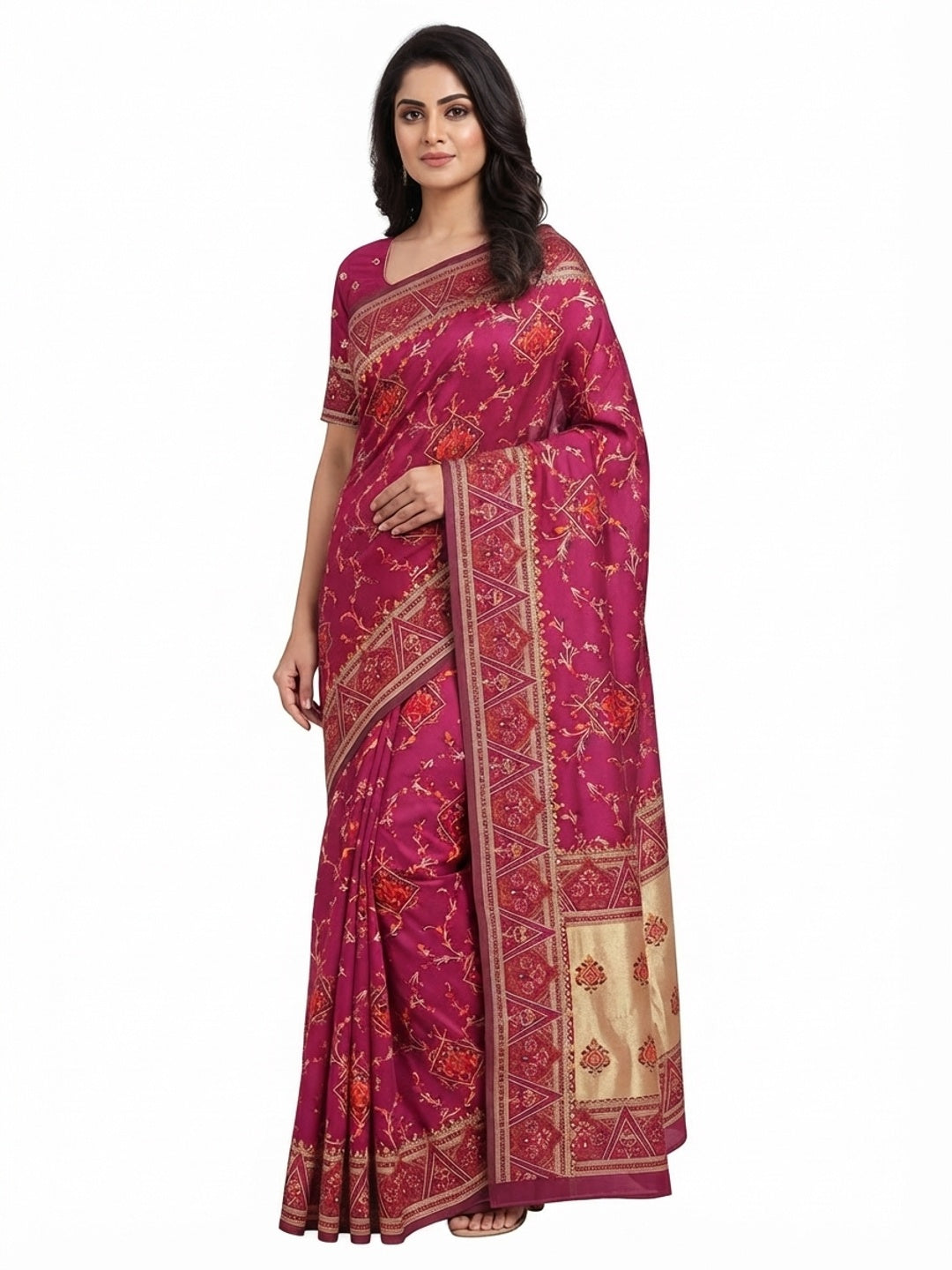 Pink Traditional Rajwadi Weaving Pashmina Silk Saree With Kashmiri Pallu & Elegant Zari Border - Image 5