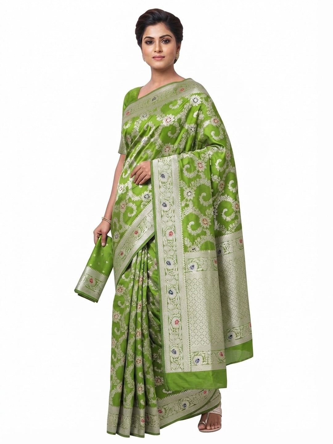 Parrot Green Pure Silk Drape Featuring Traditional Heavy Zari Weaving for a Royal Look - Image 5