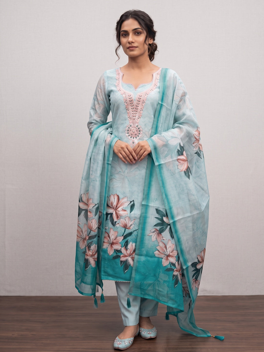 Elegant Sky Blue Linen Dress Material with Floral Thread Work and Dupatta - Image 2