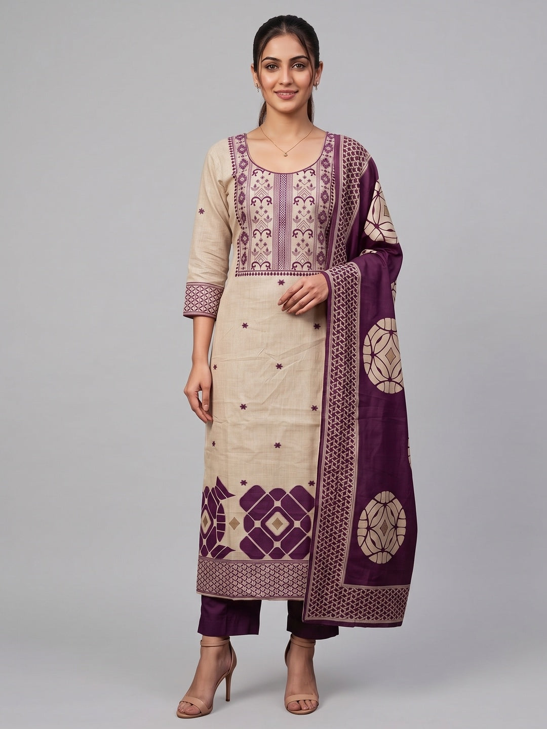 Peachmode Purple Cotton Dress Material with Geometric - Image 2