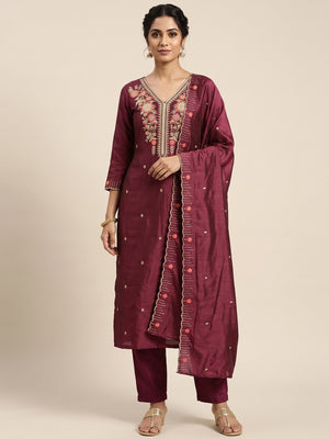 Wine Premium Vichitra Silk Dress Material Featuring Delicate Floral Embroidered Detailing - Image 1