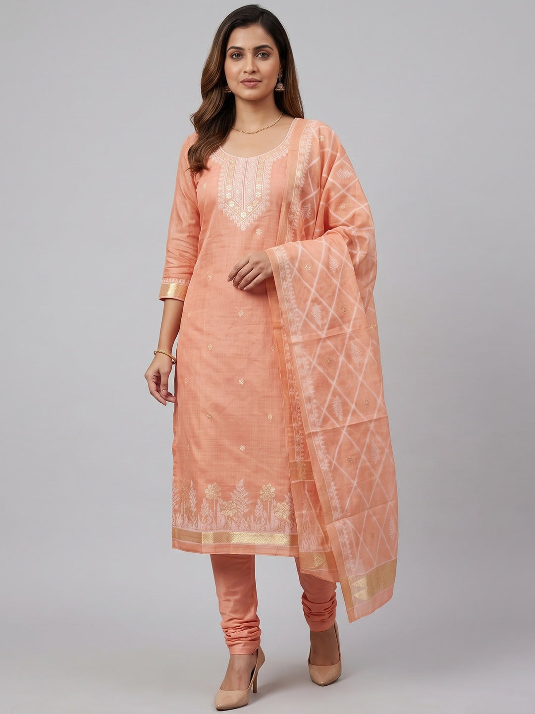 Premium Peach Floral Weaving Chanderi Silk Dress Material With Intricate Zari Work - Image 2