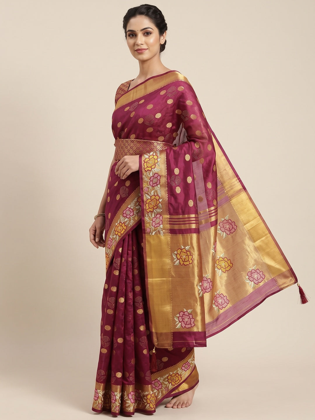 Magenta Zari Woven Jacquard Saree With Embroidery Border - Image 1