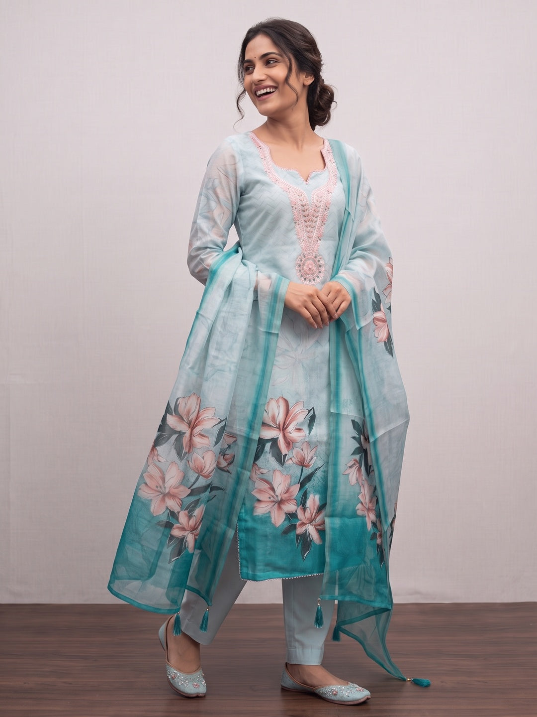 Elegant Sky Blue Linen Dress Material with Floral Thread Work and Dupatta - Image 5