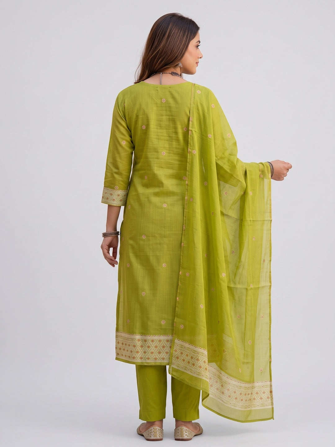 Luxurious Green Traditional Floral Weaving Jamdani Chanderi Cotton Dress Material - Image 3