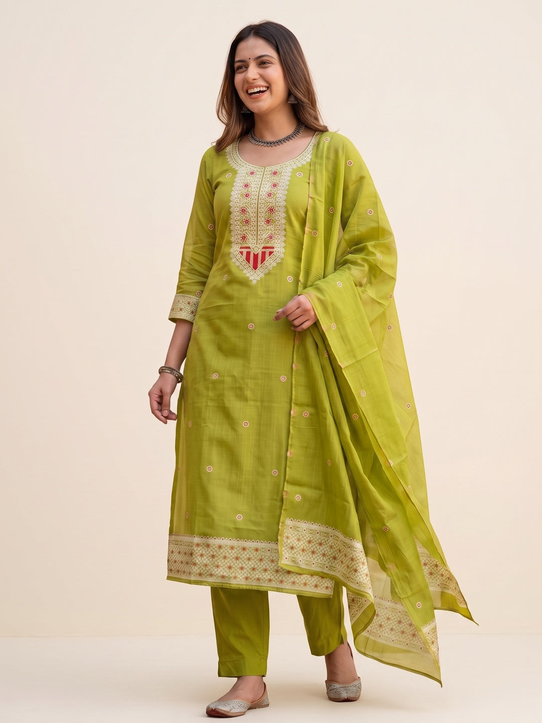 Luxurious Green Traditional Floral Weaving Jamdani Chanderi Cotton Dress Material - Image 5
