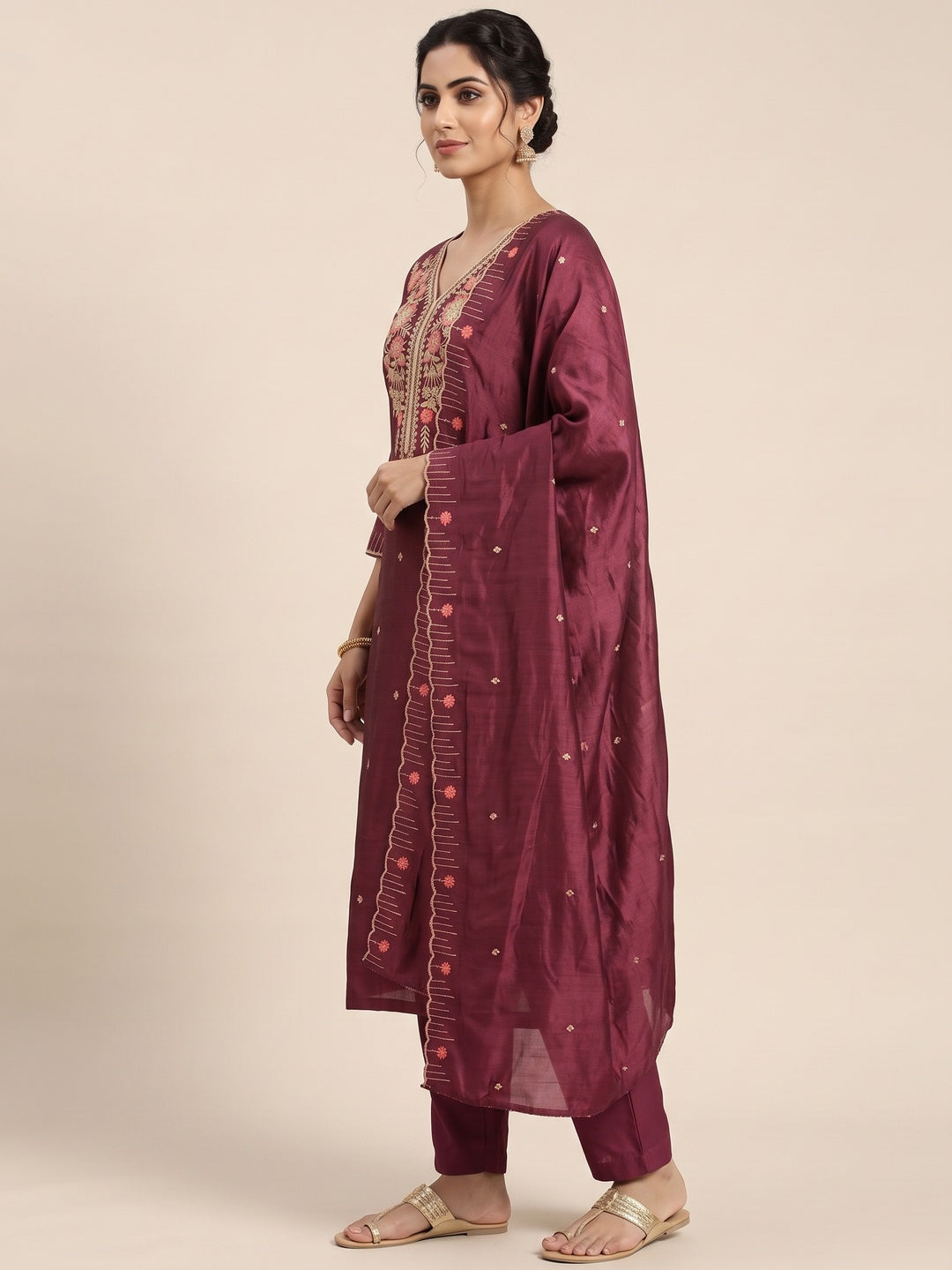 Wine Premium Vichitra Silk Dress Material Featuring Delicate Floral Embroidered Detailing - Image 3