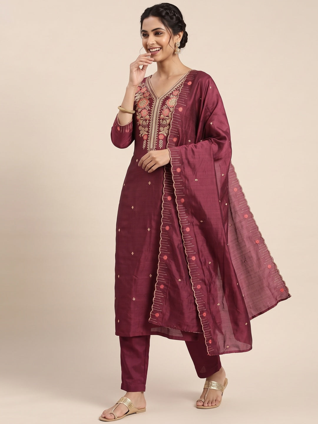 Wine Premium Vichitra Silk Dress Material Featuring Delicate Floral Embroidered Detailing - Image 4