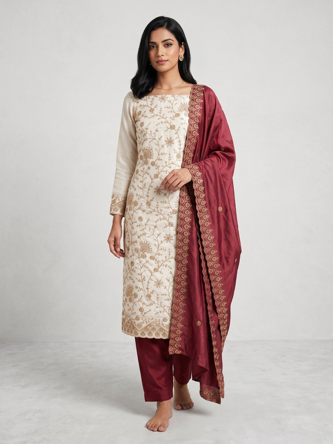 Off White Maroon Thread Motifs Vichitra Silk Unstitched Salwar Material - Image 1