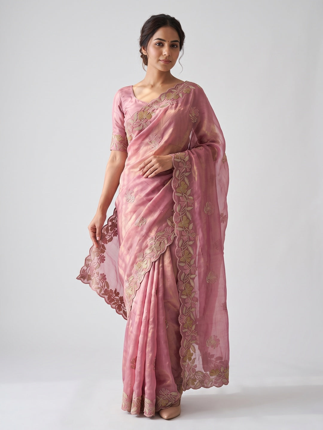 Elegant Pink Satin Embroidered Saree with Intricate Floral Motifs - Image 1