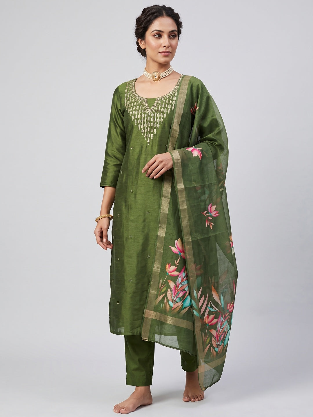 Festive Green Floral Embroidered Art Silk Dress Material with Fine Thread Work - Image 1