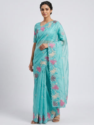 Turquoise Organza Party Saree with Intricate Floral Embroidery - Image 1