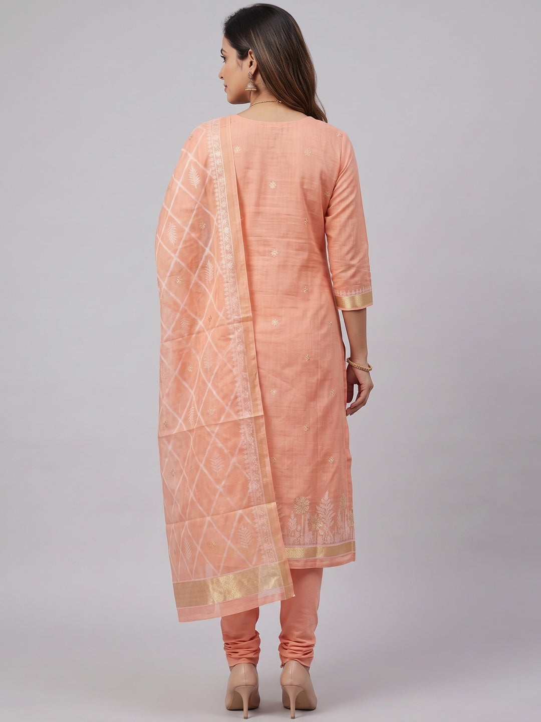 Premium Peach Floral Weaving Chanderi Silk Dress Material With Intricate Zari Work - Image 3