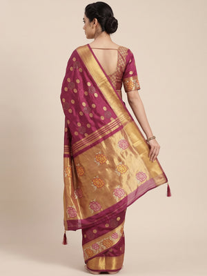 Magenta Zari Woven Jacquard Saree With Embroidery Border - Image 2