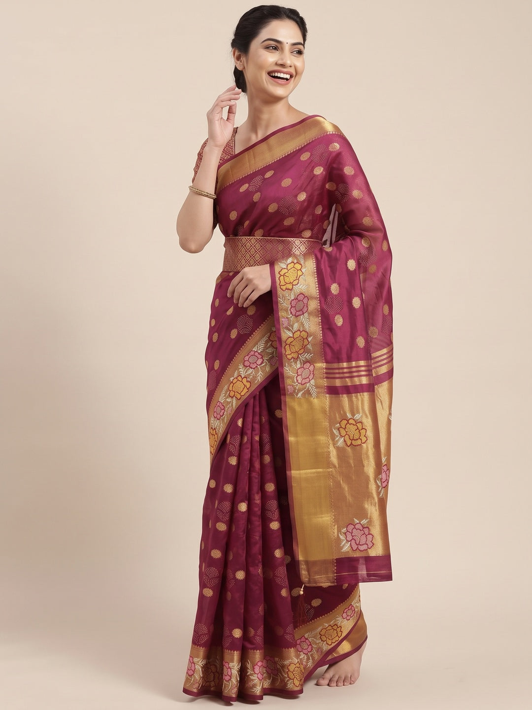 Magenta Zari Woven Jacquard Saree With Embroidery Border - Image 4
